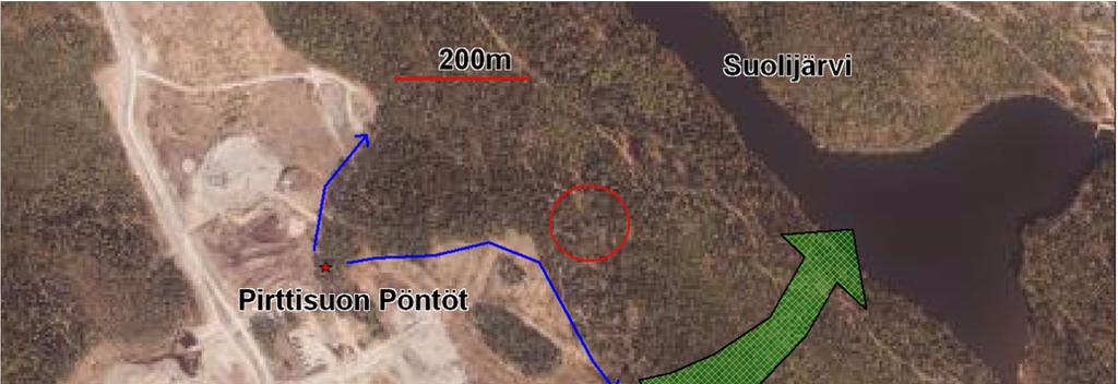 4 Kuva 2. Vuoreksen lepakoiden käyttämät reitit Pirttisuon lepakkopöntöiltä (punainen tähti) ja aikaisempiin havaintoihin pohjautuva reitti Pilkkakuusesta (siniset nuolet).