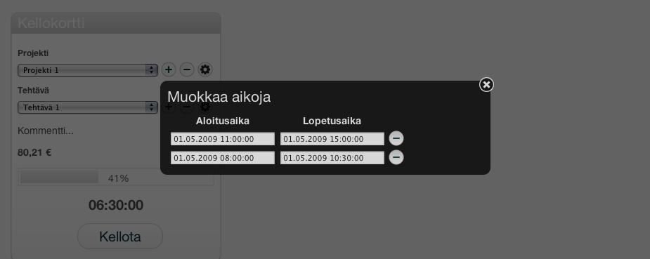 18 Kuva 3. Kuvakaappaus Muokkaa aikoja -ikkunanäkymästä. Taustalla näkyy pääsivu.