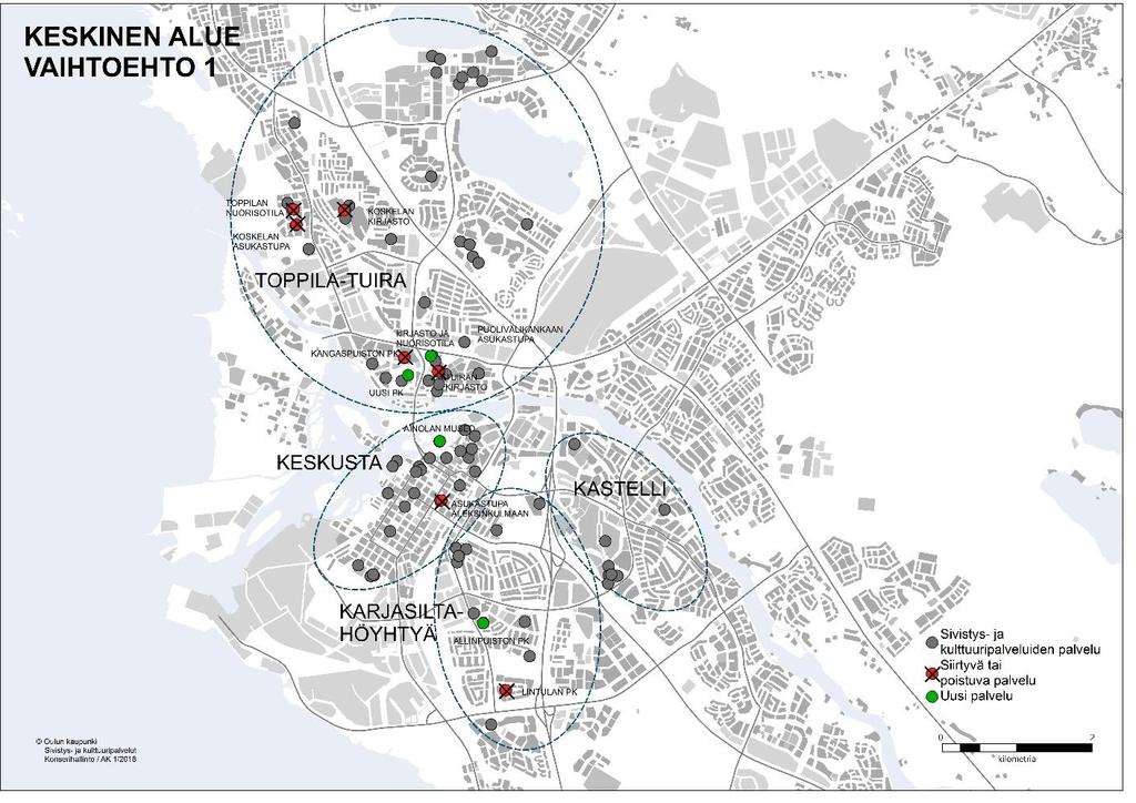 Keskinen alue, vaihtoehto 1 Palveluverkon toimenpiteet vuosina 2018 2019: Toppilan nuorisotila Merikosken koulun yksikön yhteyteen.