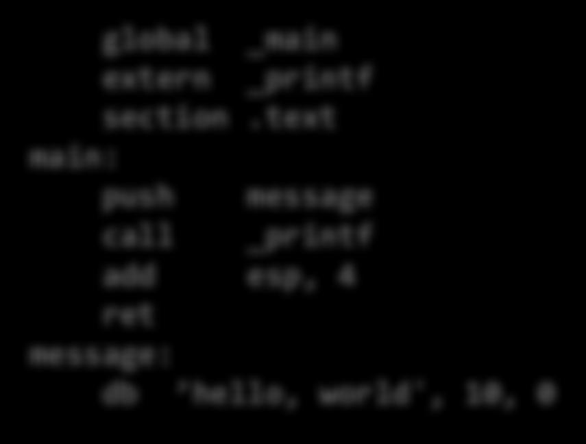 text main: push message call _printf add esp, 4 ret message: