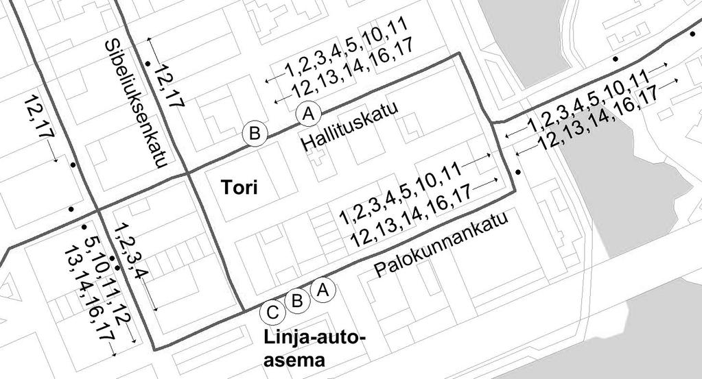 Tori Hallituskatu Pysäkki A: linjat 1, 2, 3, 4, 11, 12 Pysäkki B: linjat 5, 10, 13, 14, 16, 17 Hämeenlinnan linja-autoasema Eteläkatu 1 Pysäkki A: linjat 4, 5, 10, 11 Pysäkki B: linjat 2, 14, 16, 17