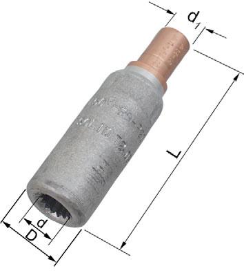 Al- ja AlCu-liittimet 16-1200 mm² Alumiini-kupari-jatkoliitin 300-400 mm² Käytetään Al-johtimen jatkamiseen Cu-johtimella Harvasäikeiselle/yksisäikeisille Al-johtimille, harvasäikeiselle/taipuisalle