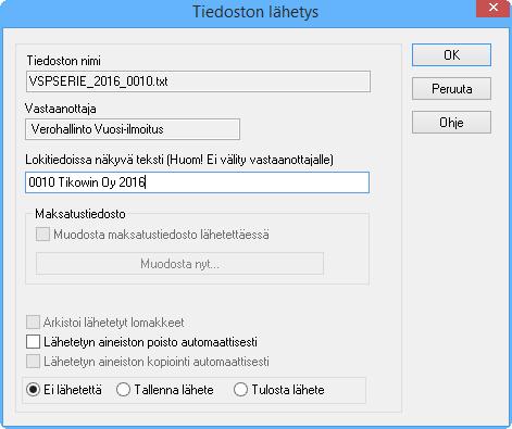 VEROHALLINNON VUOSI-ILMOITUS - LINKKI Kun tiedot oikein, aineisto lähetetään Tiedosto Lähetä linkkipalvelimelle Salama kuvake Aineiston tallennuskysymys - Yes Näytä Lokitiedot toiminnolla voidaan