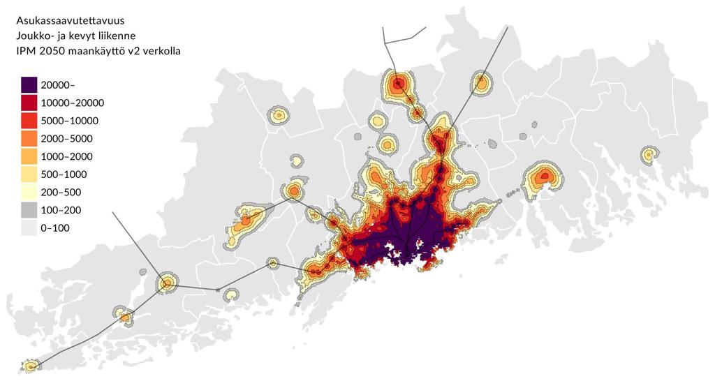 Vähittäiskaupan asukassaavutettavuus ilman henkilöautoa 2050 (kävely, pyöräily ja joukkoliikenne)