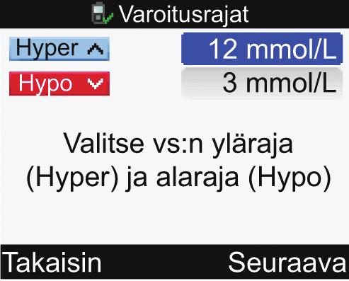 5. Verensokerin hyper-rajan (yläraja) muuttaminen: j Valitse Hyper-merkintäkenttä ja paina j Aseta verensokerin hyper-raja (yläraja) ja paina näppäintä =.