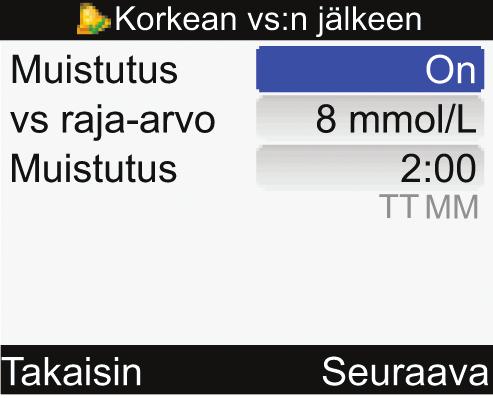 11. 12. j Aseta vs raja-arvo ja paina 2 j Jos haluat asettaa vs-testin muistutuksia, valitse Kyllä ja jatka kohtaan 12.