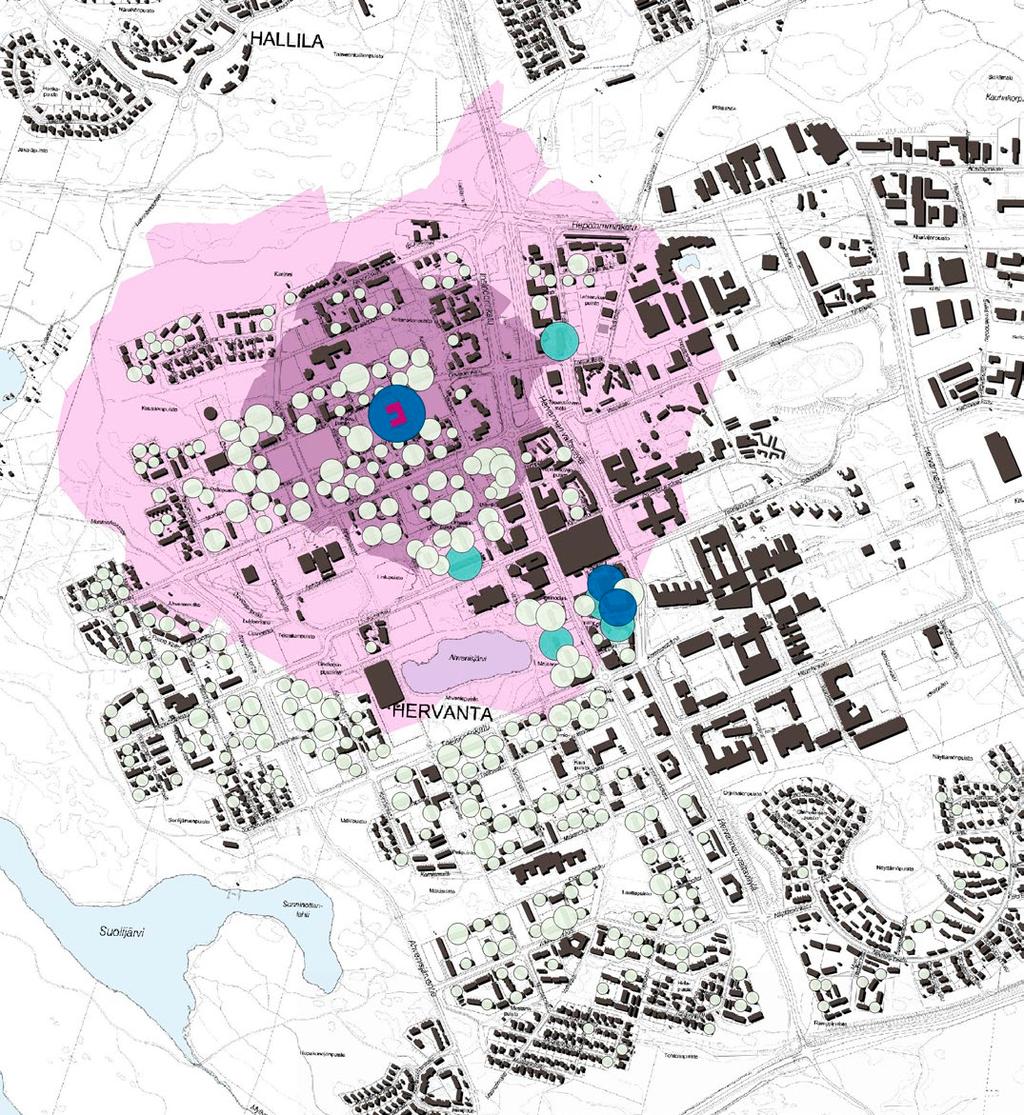 YMPÄRISTÖMINISTERIÖN RAPORTTEJA 5/2018 Lähitori 0-500m 500-1000m >1000m 483 35 % 418 31 % 461 34 % Kuvio 11. Yli 74-vuotiaiden asukkaiden asuntojen etäisyys lähitorilta (Tampereen kaupunki 2017).