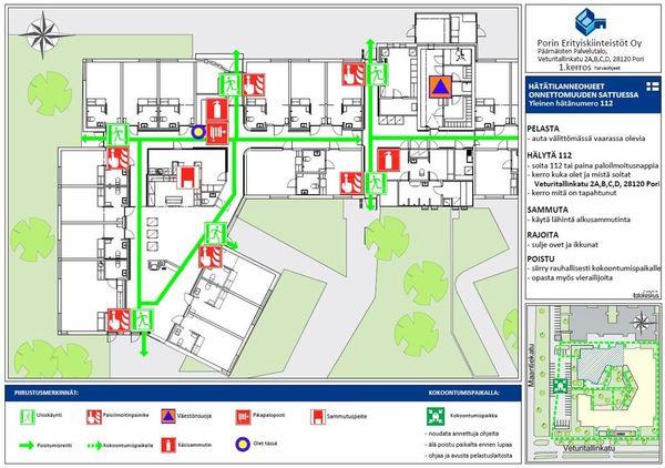 Sivu 8 / 28 3. Rakennuksen turvallisuusjärjestelyt 3.1. Turvallisuuskartat Turvallisuuskartat ovat opastepiirustuksia, joihin on merkitty hätätilanneohjeiden lisäksi turvallisuuteen liittyviä tietoja.