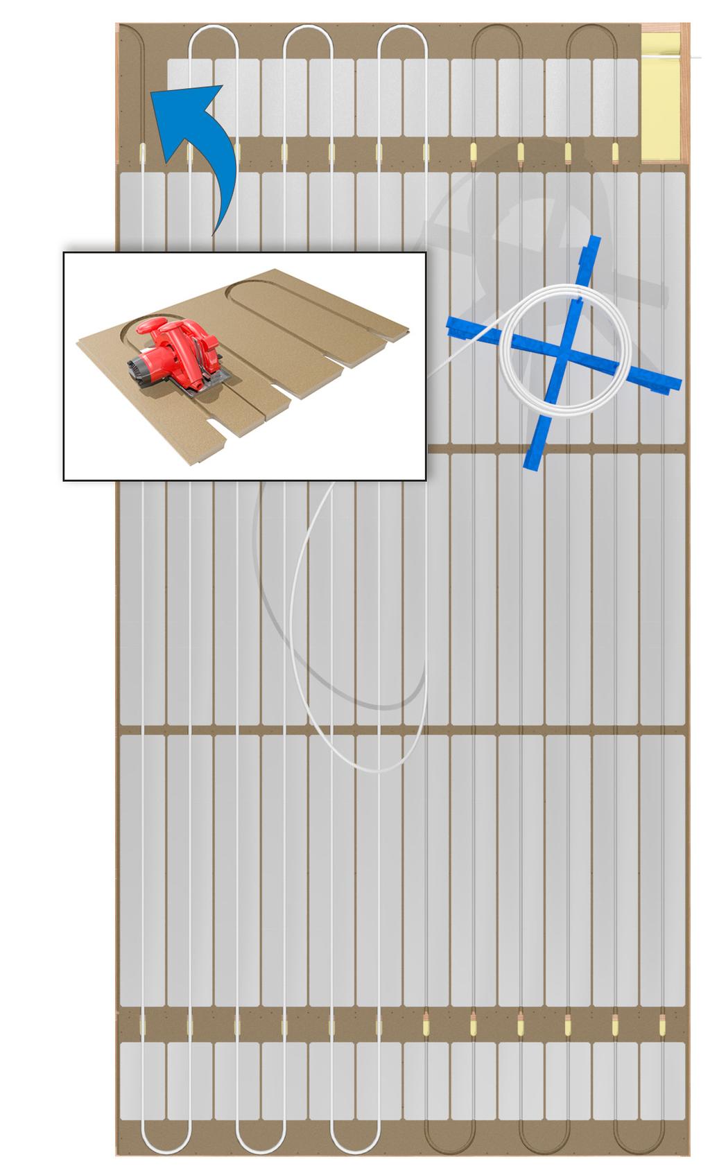 Kytke lattialämmitysputki jakotukkiin ja vedä putki uralevyyn palkiston avoimesta väliköstä kuvan osoittamalla tavalla. Putkiasennuksessa käytetään apuvälineenä LK Putkikieppiä.