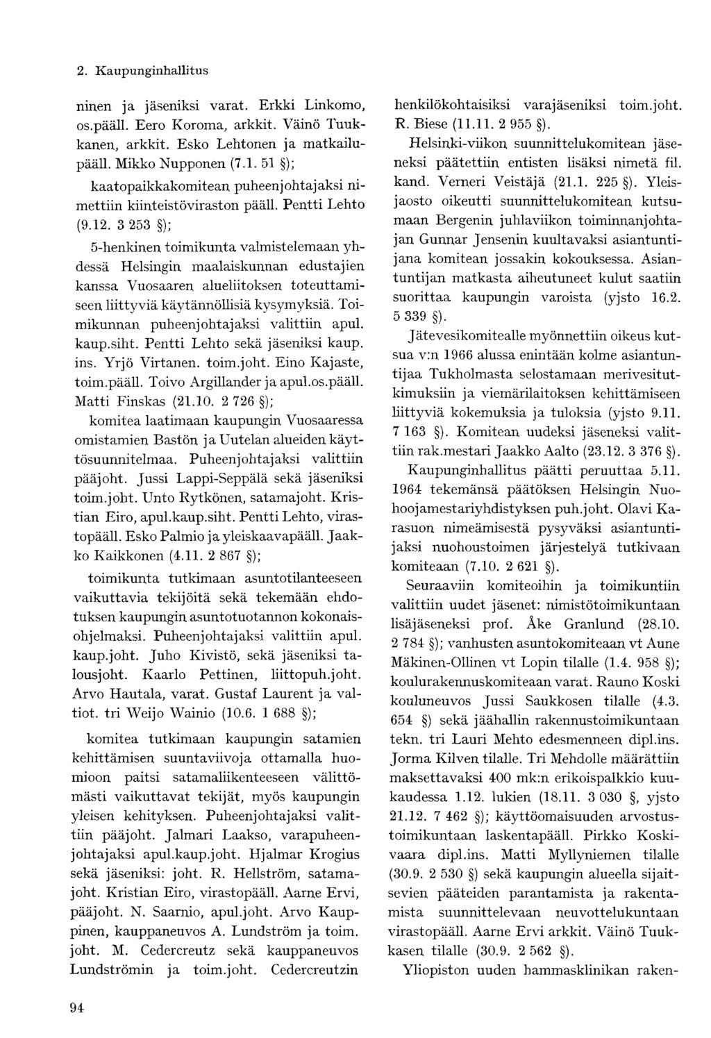 ninen ja jäseniksi varat. Erkki Linkomo, os.pääll. Eero Koroma, arkkit. Väinö Tuukkanen, arkkit. Esko Lehtonen ja matkailupääll. Mikko Nupponen (7.1.