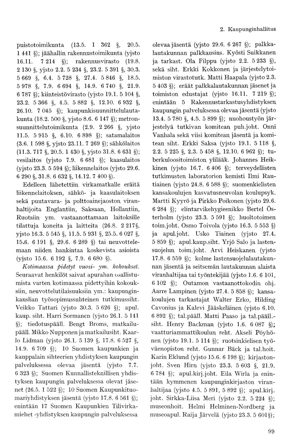 puistotoimikunta (13.5. 1 362, 20.5, 1 441 ); jäähallin rakennustoimikunta (yjsto 16.11. 7 214 ); rakennusvirasto (19.8. 2 130, yjsto 2.2. 5 234, 23.2. 5 391, 30.3. 5 669, 6.4. 5 728, 27.4. 5 846, 18.
