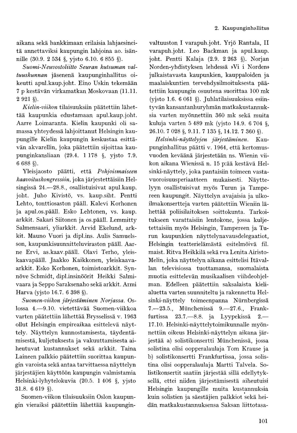 aikana sekä hankkimaan erilaisia lahjaesineitä annettaviksi kaupungin lahjoina ao. isännille (30.9. 2 534, yjsto 6.10. 6 855 ).