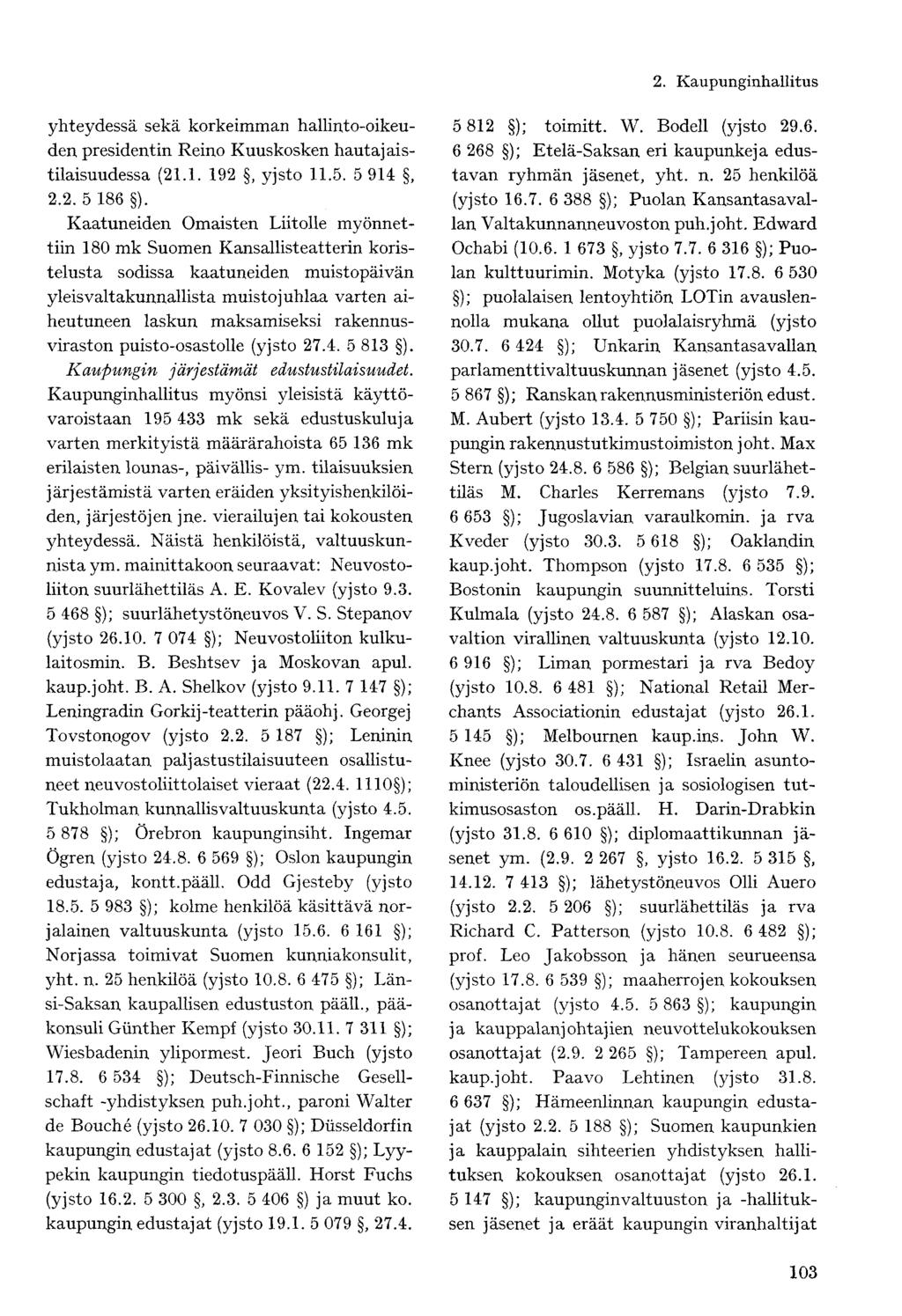 yhteydessä sekä korkeimman hallinto-oikeuden presidentin Reino Kuuskosken hautajaistilaisuudessa (21.1. 192, yjsto 11.5. 5 914, 2.2. 5 186 ).