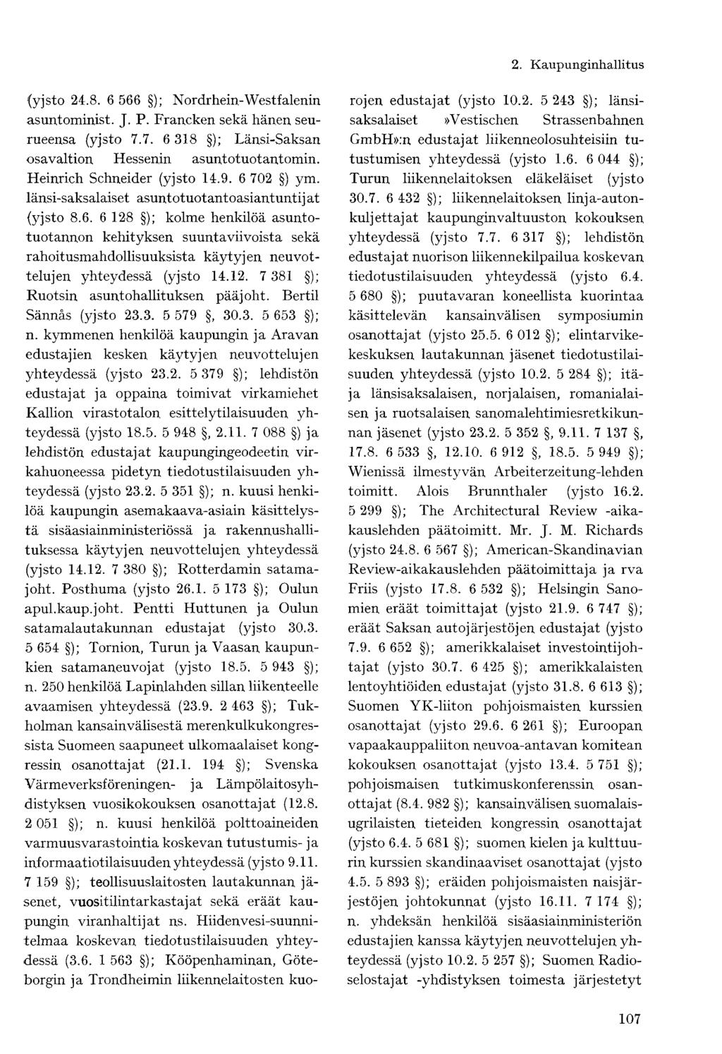 (yjsto 24.8. 6 566 ); Nordrhein-Westfalenin asuntominist. J. P. Francken sekä hänen seurueensa (yjsto 7.7. 6 318 ); Länsi-Saksan osavaltion Hessenin asuntotuotantomin. Heinrich Schneider (yjsto 14.9.