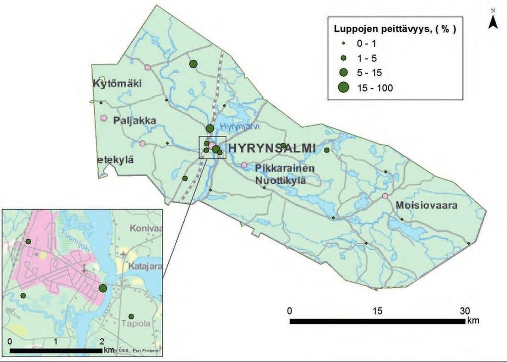 Sormipaisukarpeen peittävyys Hyrynsalmen kunnan alueella vuonna