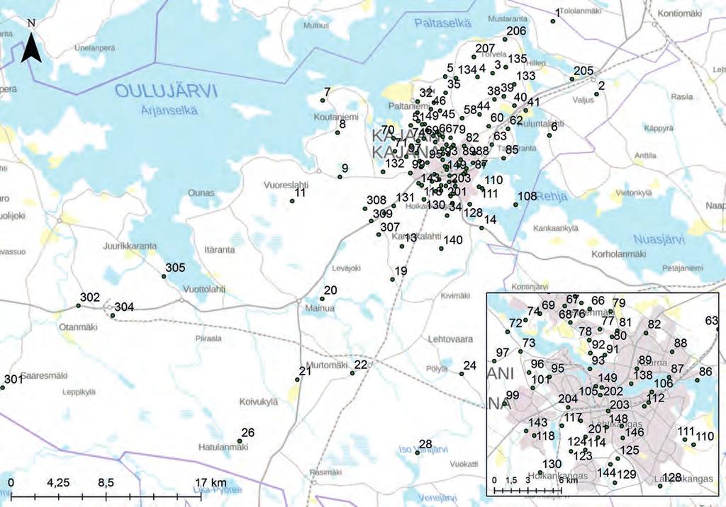 Havaintoalueet Kajaanissa Kajaanin kunnan alueella oli yhteensä 116 havaintoaluetta. Kajaanissa aikaisemmat jäkäläkartoitukset on suoritettu vuosina 1991 ja 2000.