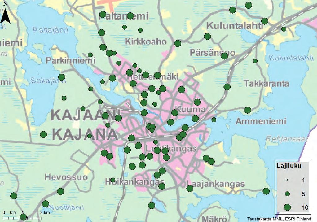 Indikaattorijäkälälajien määrä Kajaanin alueella vuonna 2015. oli vanha puistomännikkö.