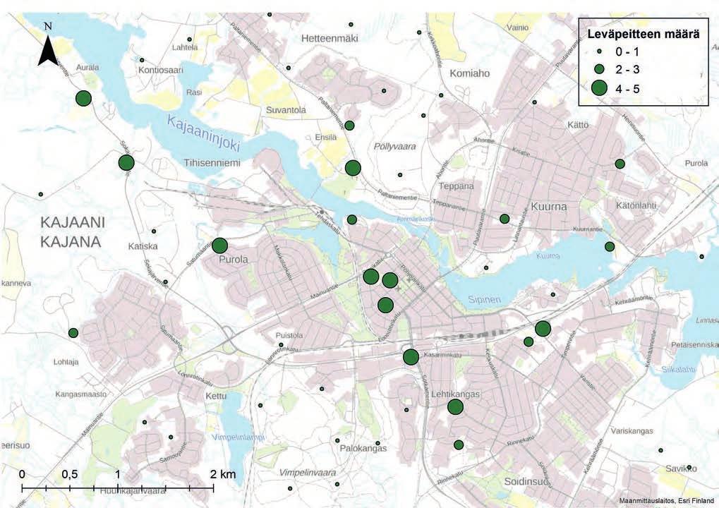 Leväpeitteen esiintyminen Kajaanin alueella vuonna 2015. Taulukko 6.4. Indikaattorijäkälälajien esiintyminen mäntyjen rungoilla Kajaanissa vuonna 2015.