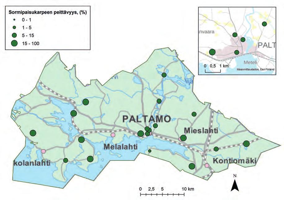 Sormipaisukarpeen peittävyys (%) Paltamon kunnan alueella vuonna