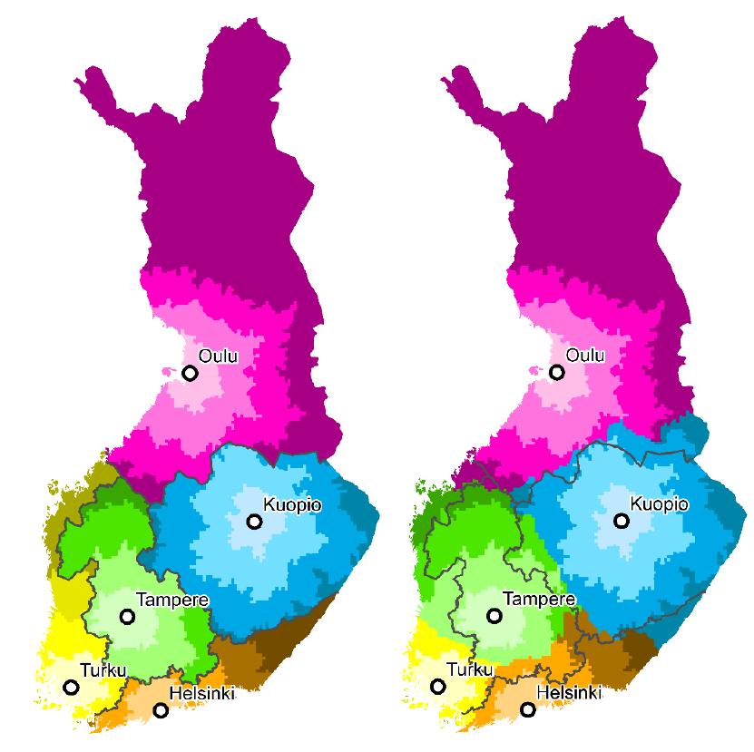 Service Area / Closest Facility Suomen yliopistosairaaloiden saavutettavuusvyöhykkeet tunnin välein a) rajattuna erityisvastuu-alueiden (erva) rajojen mukaan b) ilman rajausta erva-rajojen mukaan A B