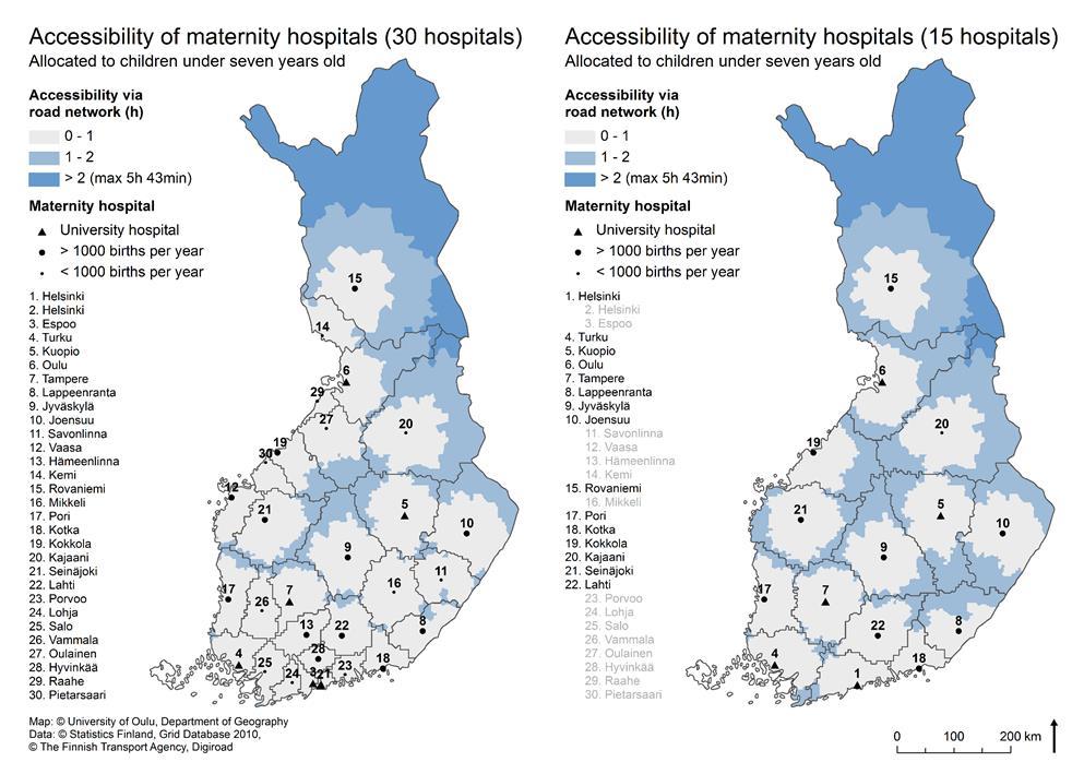 Location-Allocation Suomen synnytyssairaalat: jos sairaaloiden määrää vähennetään, mitkä voidaan karsia, jotta