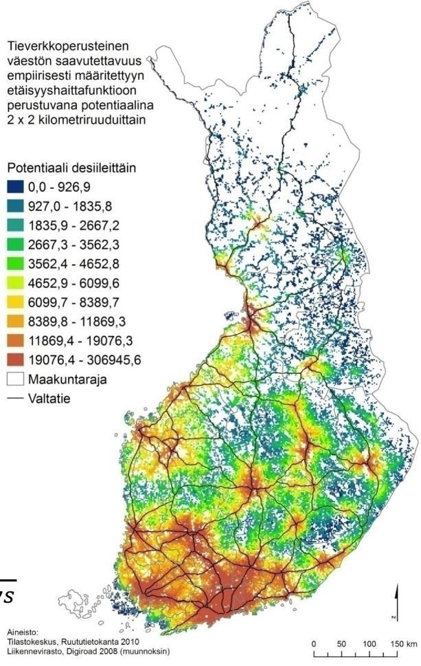 Route-laskennan sovelluksia Potentiaalinen saavutettavuus Kuvaa jokaisen alueen (viereisessä kartassa ruudun) osalta sitä, kuinka tehokkaasti kyseiseltä alueelta käsin voidaan saavuttaa väestöä (tai
