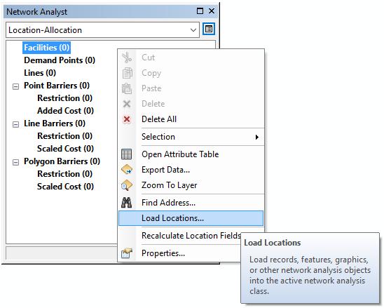 Location-Allocation Valitaan nyt siis menetelmäksi Location-Allocation Tällöin analyysin karttatasoina ovat: Facilities = palvelujen mahdolliset sijainnit Demand Points = kysyntäpisteet Network