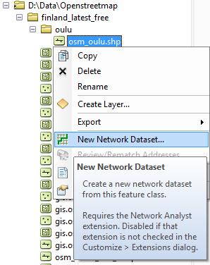 Network Dataset Wizard Network datasetin luominen tapahtuu helppokäyttöisen wizardin avulla ArcCatalogin kautta etsitään se tieverkkoaineisto josta ND halutaan muodostaa (esim. osm_oulu.