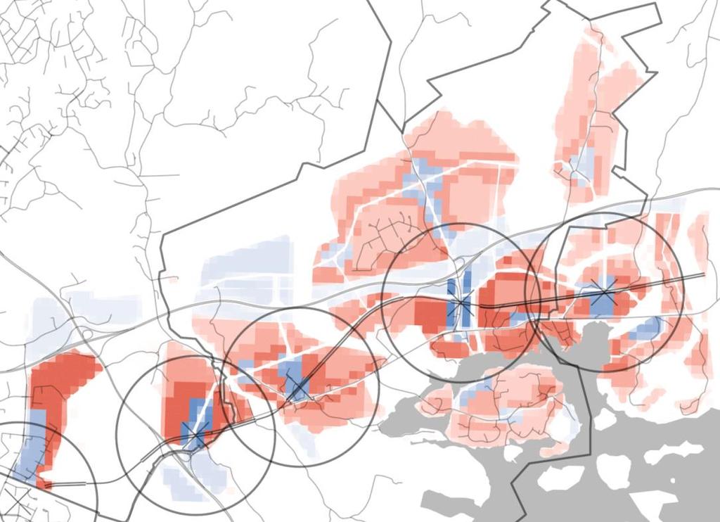 Maankäytön rakenne Pohjoinen metrolinjaus Molemmissa vaihtoehdoissa merkittävä osa maankäytöstä ja erityisesti työpaikoista painottuu kävelyetäisyydelle metroasemista.