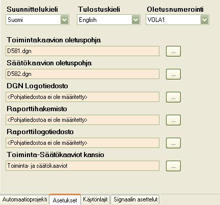 2.3 Automaatioasetusten muokkaus Automaatioprojekti sisältää muutamia yleistä asetuksia. Asetukset sijaitsevat omalla Asetukset lomakkeella automaatioprojekti lomakkeen alareunassa.