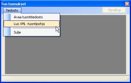 Excel taulukon muuttaminen XML muotoon: 1. Valitse CISS Base Automaatiomenun toiminto Tuo tunnukset. 2. Valitse Tuo tunnukset lomakkeelta Tiedosto -> Luo XML tuontipohja. 3. Anna XML pohjalle nimi.