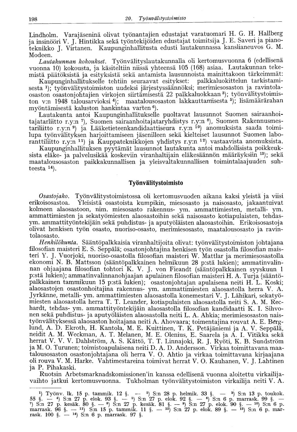 198 2 Työn välitystoimisto 198 Lindholm. Varajäseninä olivat työnantajien edustajat varatuomari H. G. H. Hallberg ja insinööri V. J. Hintikka sekä työntekijöiden edustajat toimitsija J. E.