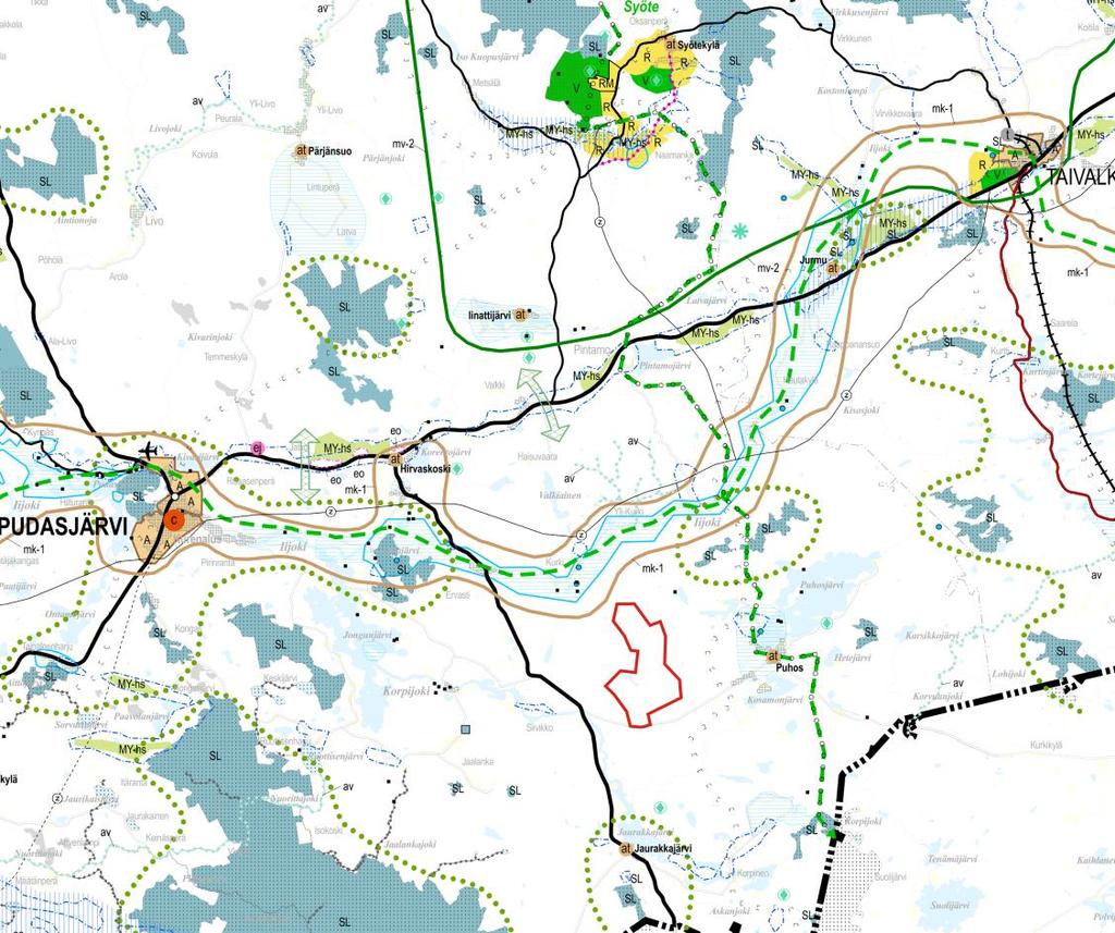 PUDASJÄRVEN KAUPUNKI 19 etäisyydellä suunnittelualueesta. Ote maakuntakaavasta on esitetty kuvassa 6 ja kaavamerkinnät taulukossa 2. Kuva 6.