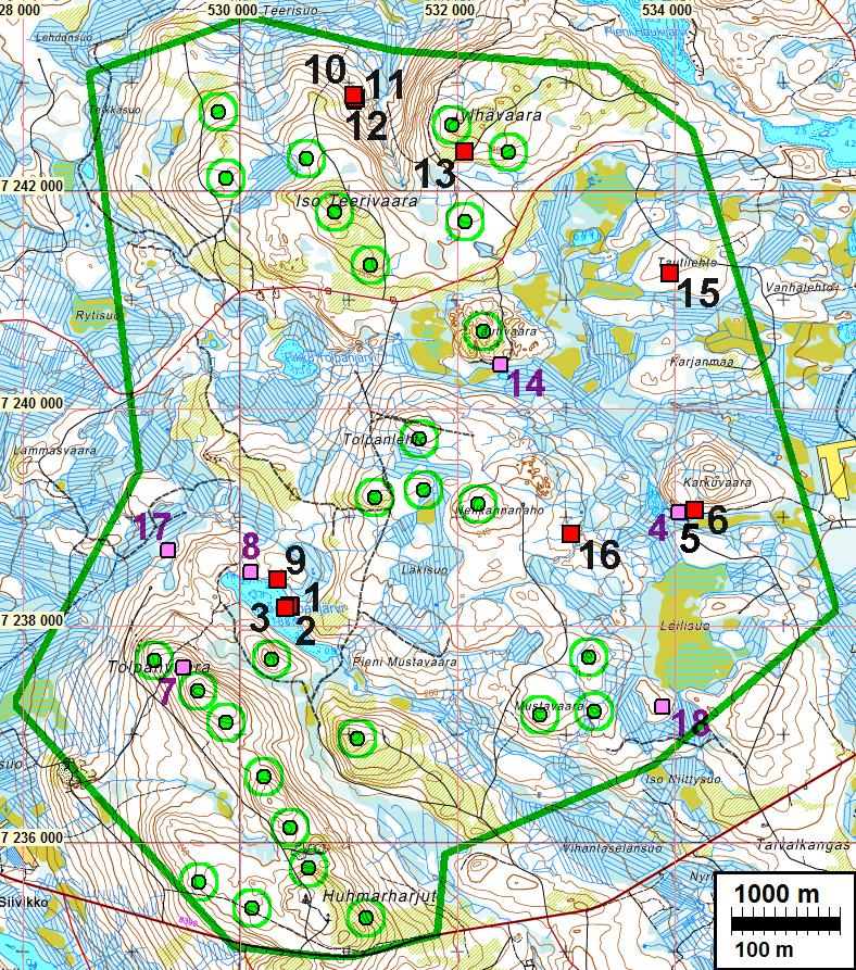 PUDASJÄRVEN KAUPUNKI 37 Historiallinen tunnistamaton kivirakenne. Ison Tolpanjärven pohjoisrannalla, tasamaalla lähellä toisiaan pieniä tunnistamattomia kivikasoja. Alustavasti muinaisjäännös.