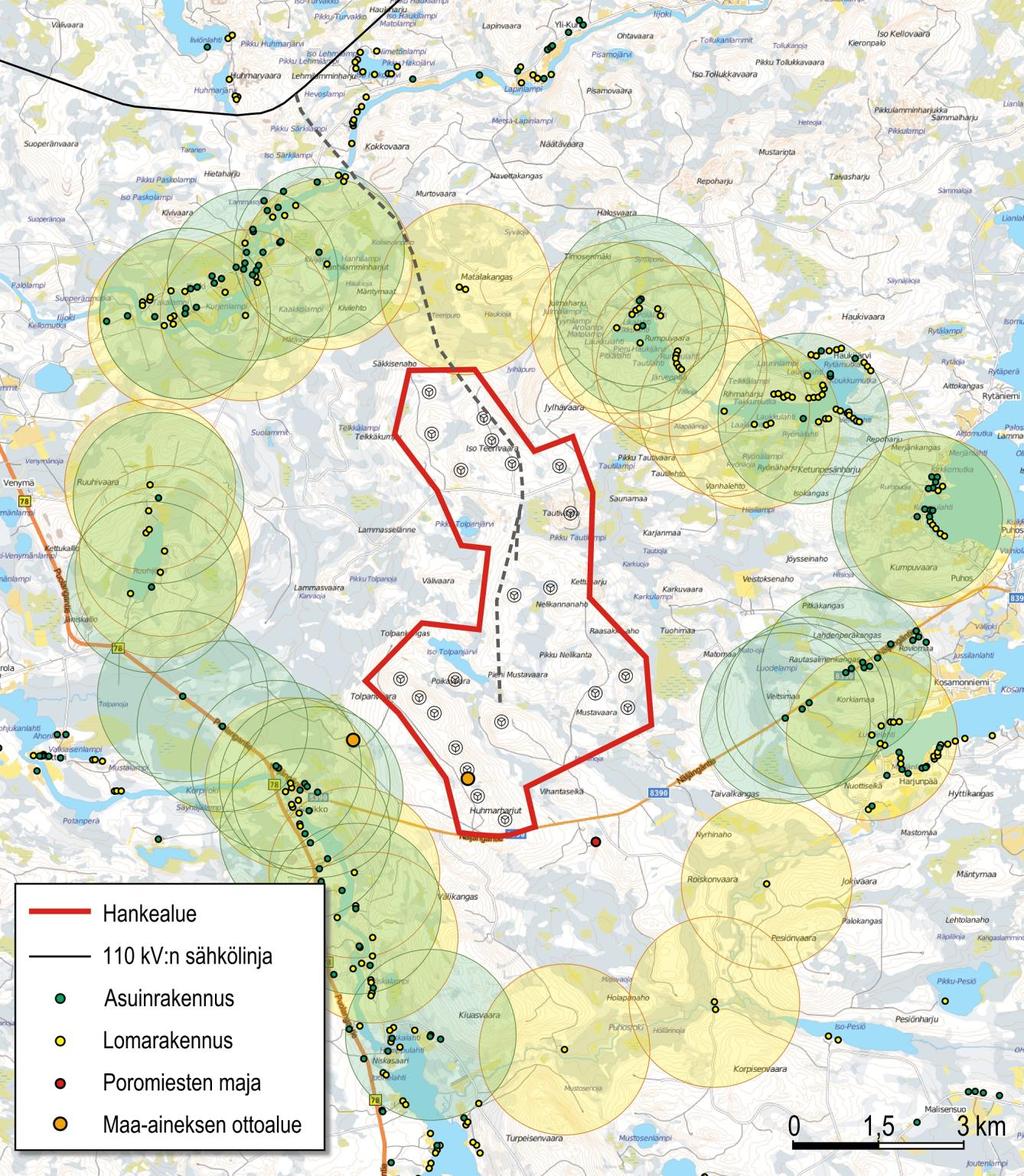 PUDASJÄRVEN KAUPUNKI 40 Kuva 22. Alueen nykyinen maankäyttö, sähkölinjavaihtoehdot ja vaihtoehdon VE3 mukaiset tuulivoimalat.