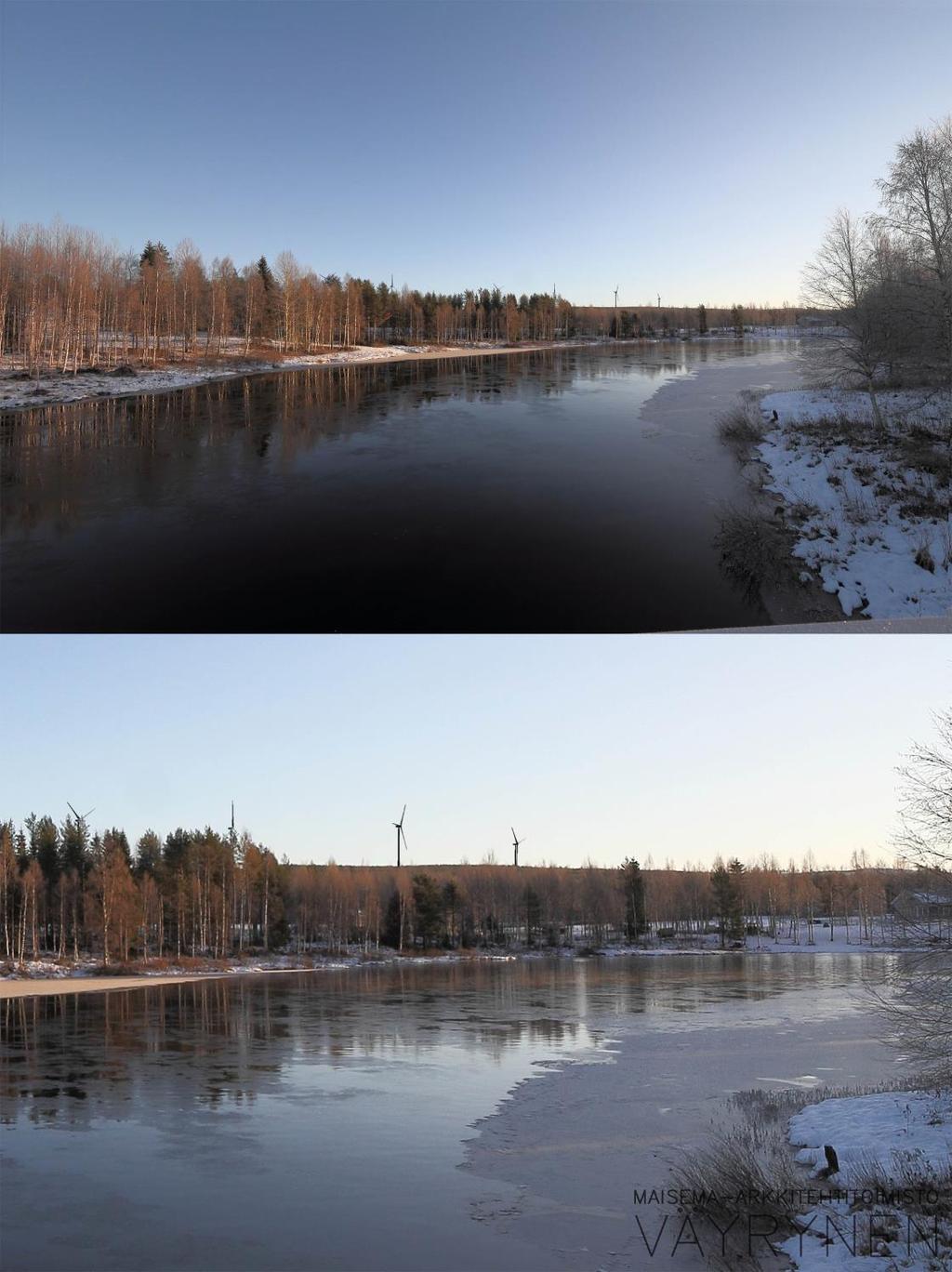PUDASJÄRVEN KAUPUNKI 64 Kuva 32. Kuvasovite Puolangantien sillalta Korpijoen ylityskohdasta kohti Huhmarharjua kaavaluonnoksen mukaisella voimalasijoittelulla.