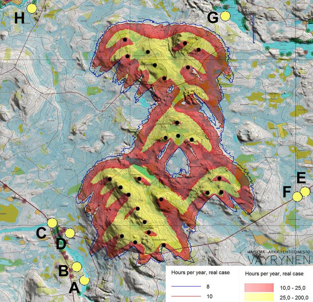 PUDASJÄRVEN KAUPUNKI 75 Kuva 38. YVA-hankevaihtoehdon VE1 mukainen varjojen vilkkumiskartta, joka osoittaa vuosittaisen vilkkumisen tuntimäärän.