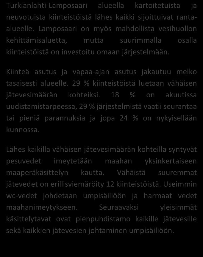 TILASTOTIETOA KARTOITUS- JA NEUVONTAKÄYNNEILTÄ kpl % Asutuksen tyyppi (kiinteä/ vapaa-aika) 23/20 54/46 Asukasmäärä 105 Vedenhankinta (vesijohto/ oma kaivo) 2/32 5/75 Kaivotyyppi (pora-/ rengaskaivo)