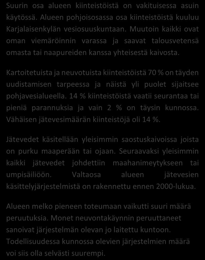 alueen kiinteistöistä on vakituisessa asuin käytössä. Alueen pohjoisosassa osa kiinteistöistä kuuluu Karjalaisenkylän vesiosuuskuntaan.