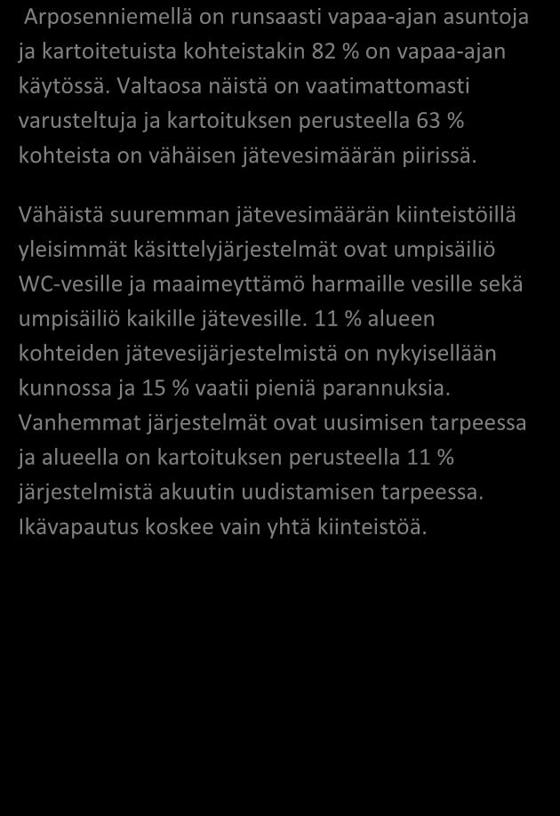 Järjestelmien uudistamistarve (n=62) 5 % 8 % Vähäistä suuremman jätevesimäärän kiinteistöillä yleisimmät käsittelyjärjestelmät ovat umpisäiliö WC-vesille ja maaimeyttämö harmaille vesille sekä