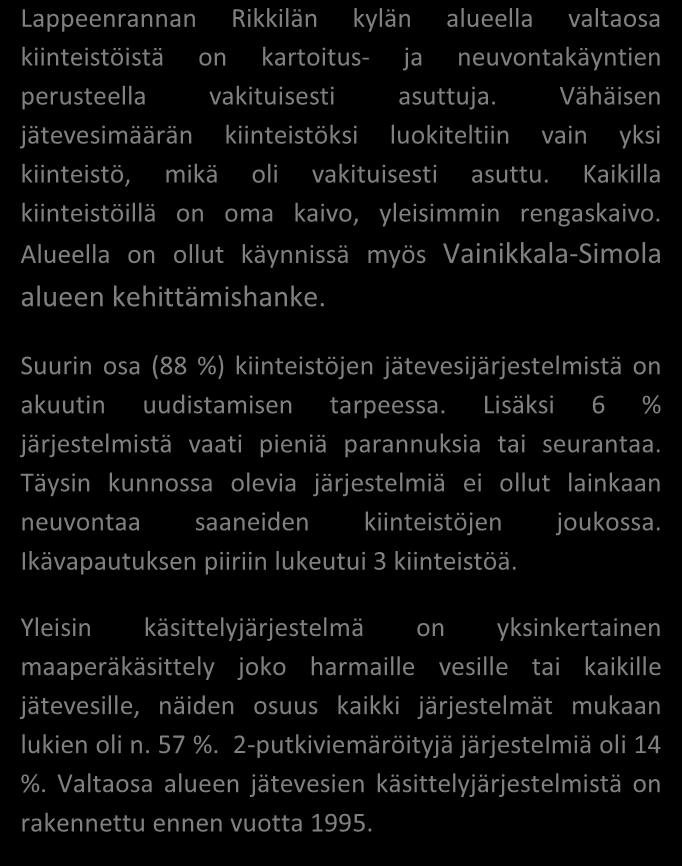 TILASTOTIETOA KARTOITUS- JA NEUVONTAKÄYNNEILTÄ 6 % kpl % Asutuksen tyyppi (kiinteä/ vapaa-aika) 15/1 94/6 Asukasmäärä 43 Vedenhankinta (vesijohto/ oma kaivo) 0/16 0/100 Kaivotyyppi (pora-/