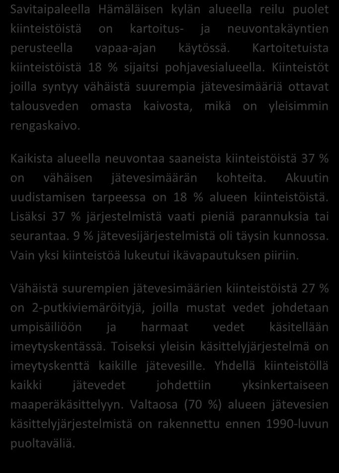 Savitaipaleella Hämäläisen kylän alueella reilu puolet kiinteistöistä on kartoitus- ja neuvontakäyntien perusteella vapaa-ajan käytössä. Kartoitetuista kiinteistöistä 18 % sijaitsi pohjavesialueella.