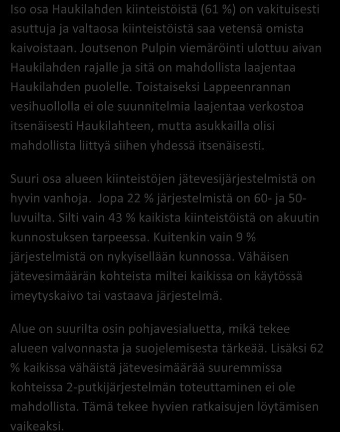 Iso osa Haukilahden kiinteistöistä (61 %) on vakituisesti asuttuja ja valtaosa kiinteistöistä saa vetensä omista kaivoistaan.