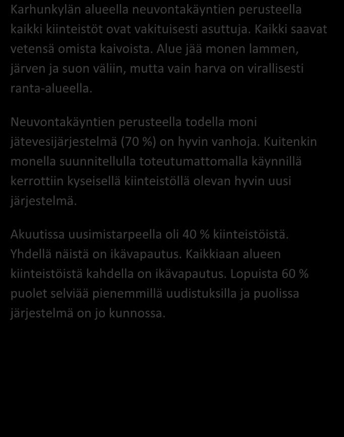 NEUVONTAKÄYNNEILTÄ kpl % Asutuksen tyyppi (kiinteä/ vapaa-aika) 10/0 100 Asukasmäärä 26 Vedenhankinta (vesijohto/ oma kaivo) 0/10 0/100 Kaivotyyppi (pora-/ rengaskaivo) 8/2 80/20 Käymälän