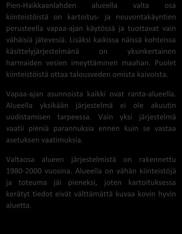 JA NEUVONTAKÄYNNEILTÄ kpl % Asutuksen tyyppi (kiinteä/ vapaa-aika) 1/5 17/83 Asukasmäärä 18 Vedenhankinta (vesijohto/ oma kaivo) 0/3 0/50 Kaivotyyppi (pora-/ rengaskaivo) 0/3 0/100 Käymälän