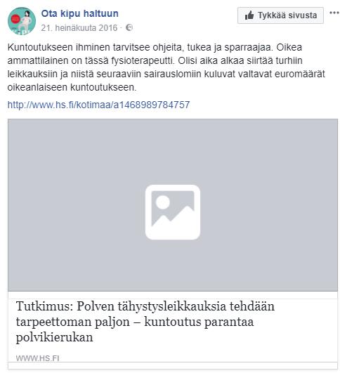 Ota kipu haltuun Julkaisija: Helena Miranda 22. maaliskuuta 2016 Meillä on hoidettu kipuoireita liian hanakasti leikkauksin.