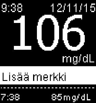 Mittarin asetukset Viimeisin tulos Viimeisin tulos Valitse, ilmestyykö edellinen verensokerin mittaustulos näyttöön nykyisen verensokerin