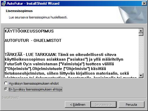 Asennuspaketin asennus (uusi kone) Asennus aloitetaan Fsetup0.exe (konefutur kfsetup0.exe) paketilla, joka asentaa ohjelman tarvitsemat perustiedostot ja tietokanta-komponentit.