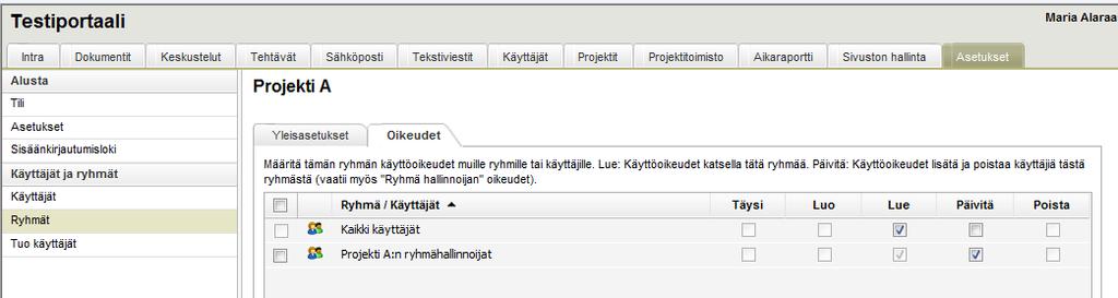 Ryhmähalllinnoija-oikeuksien antaminen ryhmän moduuliluvat osiossa. 2. Avaa Projekti A -ryhmän yleisasetukset a. Navigoi Oikeudet -välilehteen i.