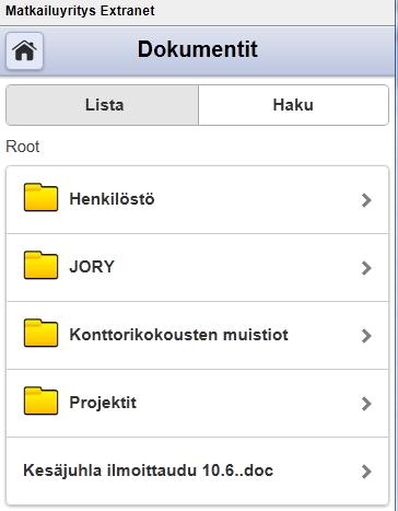 Avattaessa dokumenttiarkistoa mobiililiittymällä, viimeisin avattu kansio näkyy oletuksena.